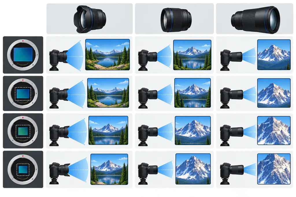 24mm 50mm 100mm 렌즈의 센서별 환산값 비교