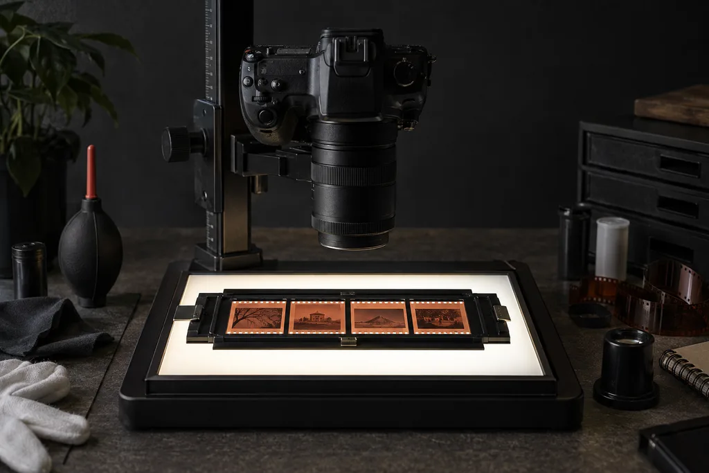 DSLR camera with a macro lens positioned above a strip of 35mm film on a glowing lightbox