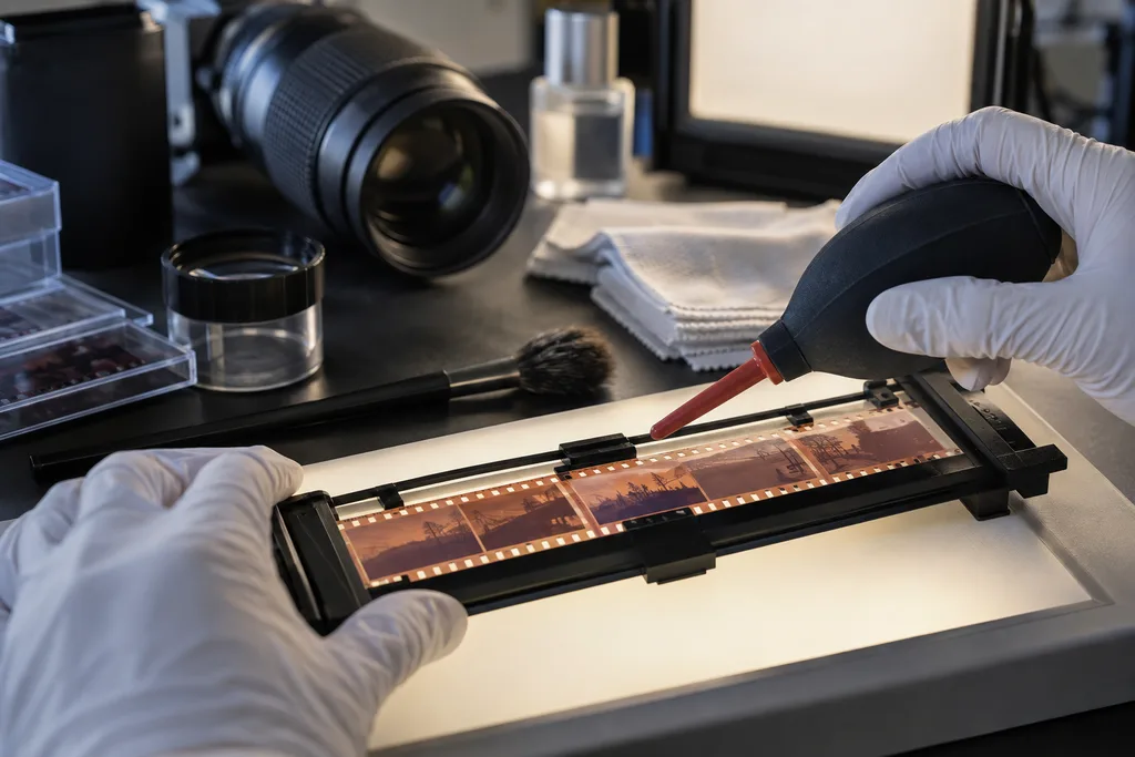 Close-up of gloved hands cleaning a 35mm negative with a blower before DSLR scanning