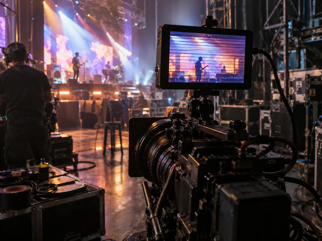 Camera monitor showing horizontal banding from LED stage lights during a concert soundcheck