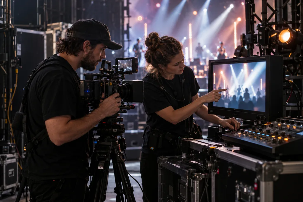 Camera operator and lighting technician testing LED flicker with a live camera feed