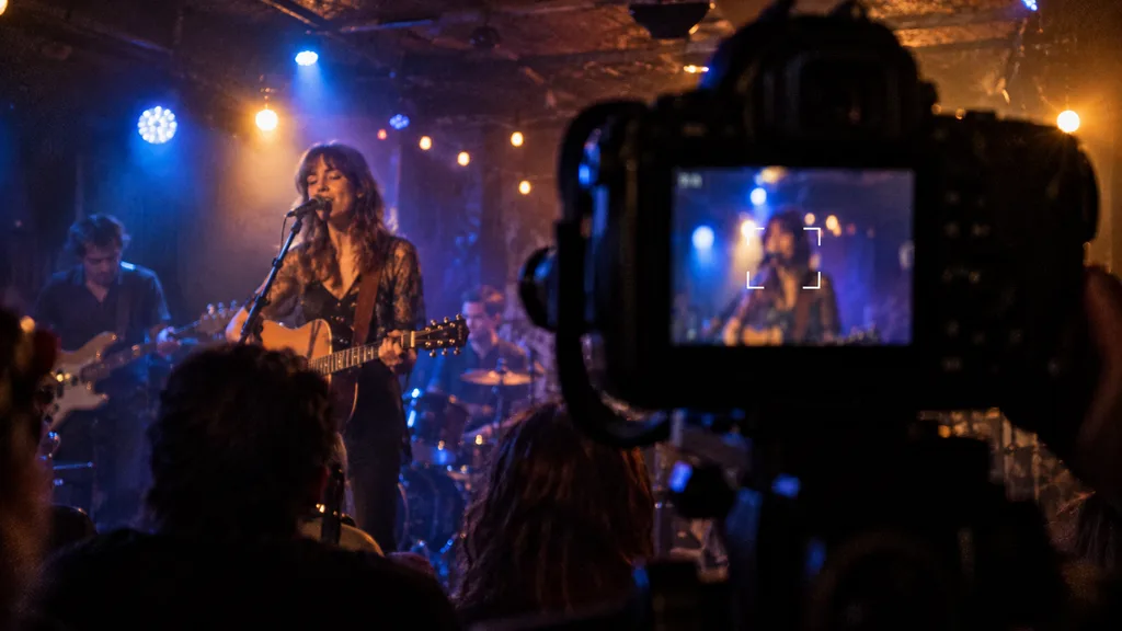 Camera lens hunting for focus on a dimly lit performer during a live event
