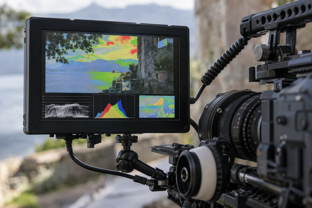 Camera monitor showing waveform, histogram, and false-color exposure tools