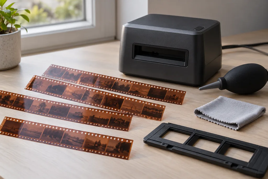 Developed disposable camera negatives arranged beside a compact film scanner